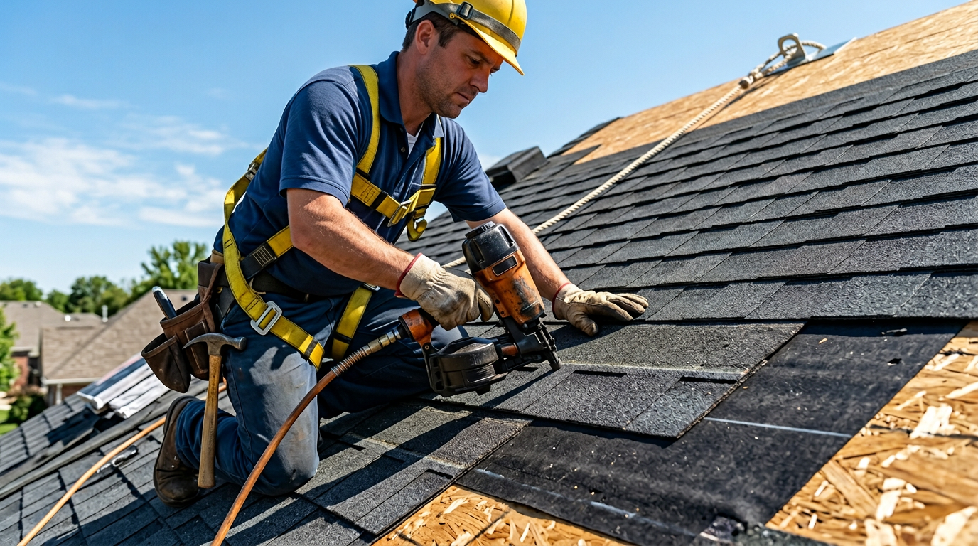 roofer installing shingles on northern virginia home