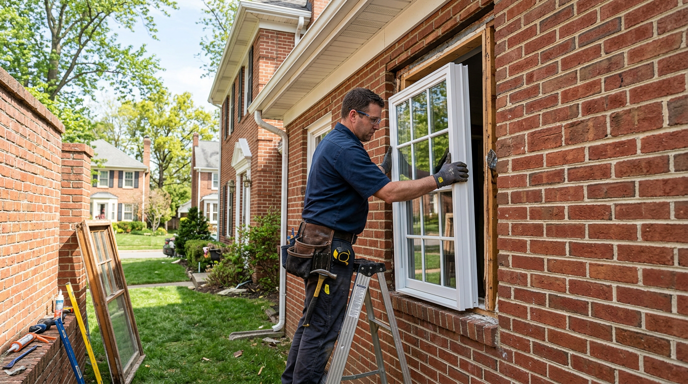 professional window installer replacing window on brick home in northern virginia