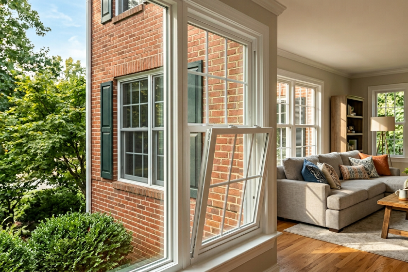 Energy-efficient double-hung replacement windows on a Northern Virginia brick colonial home