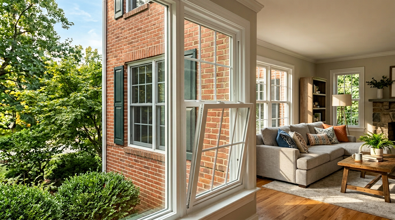 Energy-efficient double-hung replacement windows on a Northern Virginia brick colonial home