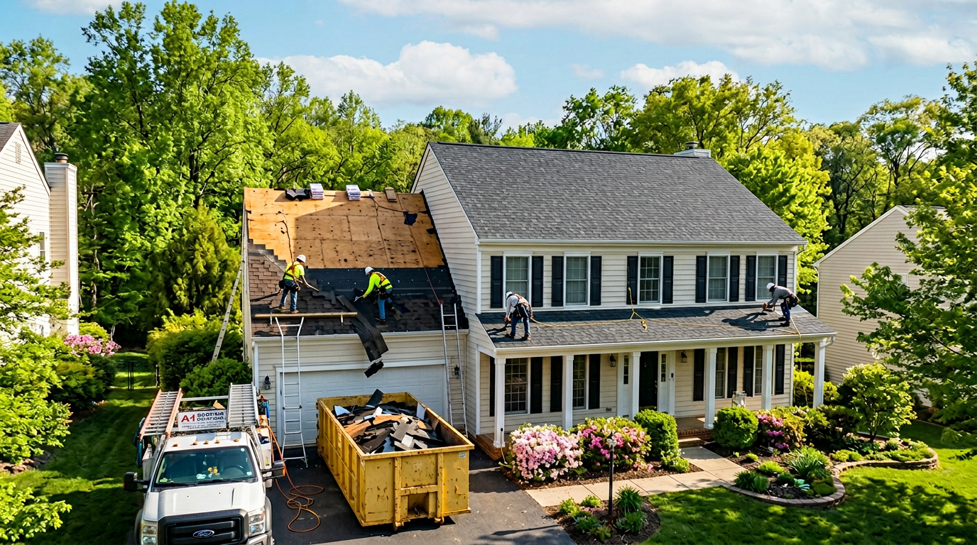 Roofing crew replacing shingles on a Northern Virginia colonial home in spring
