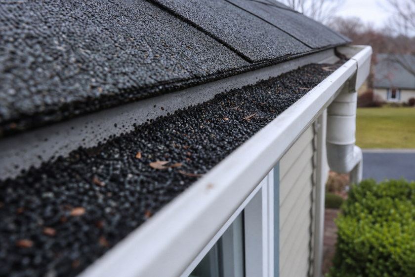 Shingle granules accumulating in a residential gutter indicating roof deterioration
