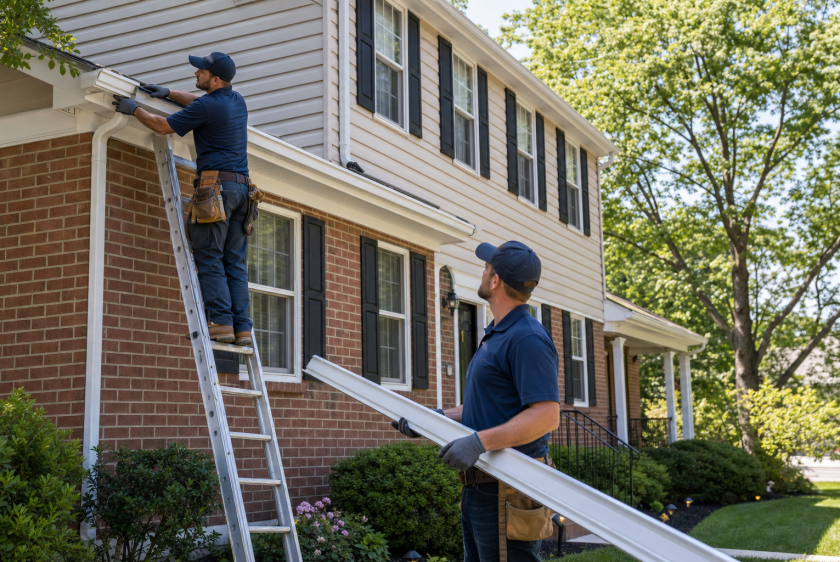 Professional gutter installation crew on Northern Virginia colonial home