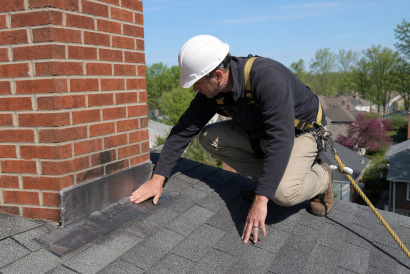 Professional roofing contractor inspecting chimney flashing on a Northern Virginia roof