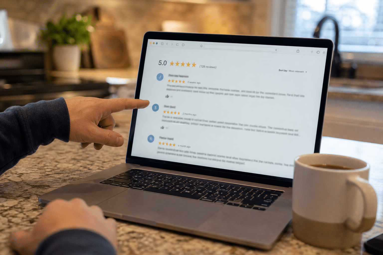 Homeowner researching roofing contractor reviews online