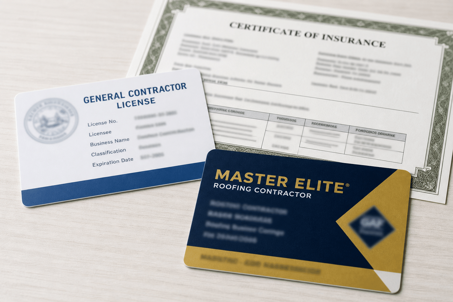 Roofing contractor license insurance certificate and GAF Master Elite certification