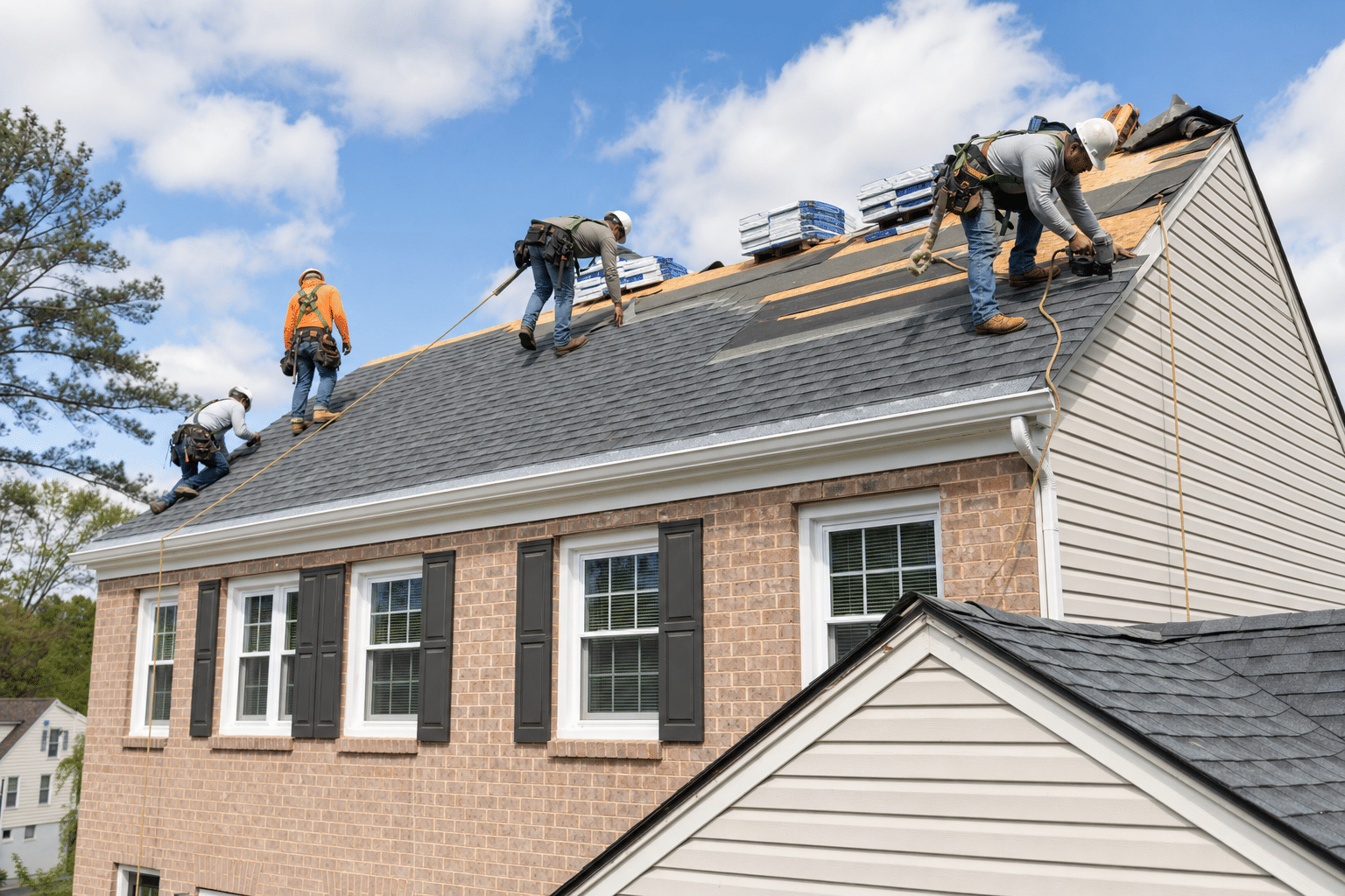 Professional roofing crew installing shingles on Northern Virginia colonial home