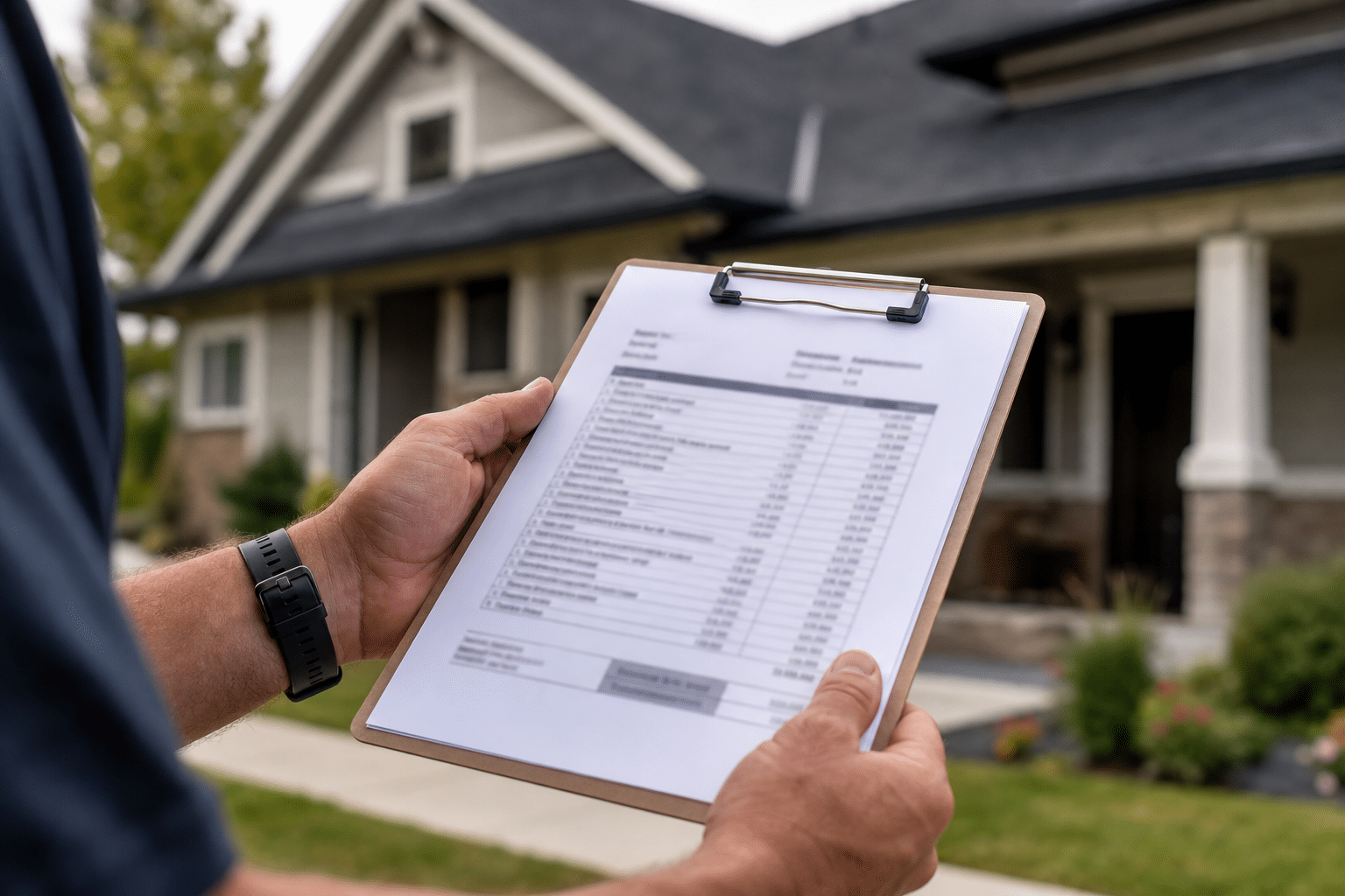 Detailed roofing estimate on clipboard in front of residential home