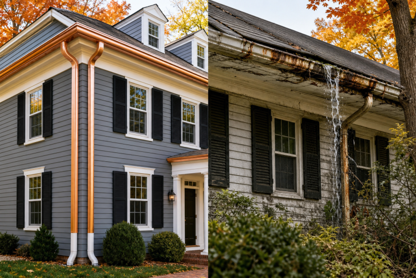 Before and after comparison of damaged vs new gutters on Northern Virginia home