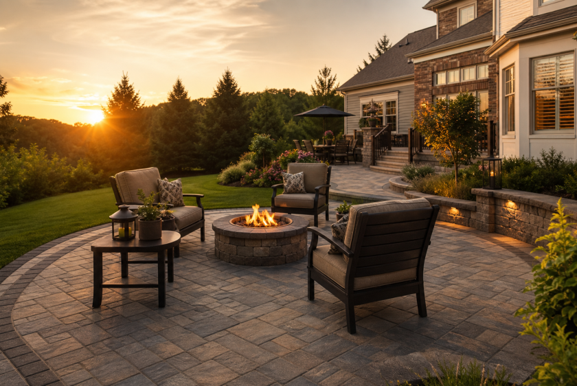 Finished paver patio in a Northern Virginia backyard at golden hour with fire pit - paver patio cost guide