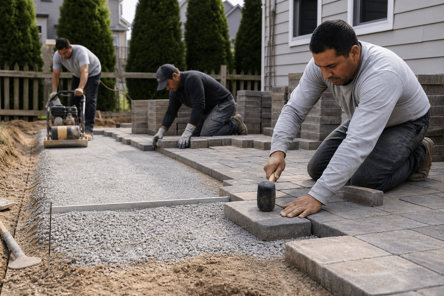 Hardscape crew installing pavers on a compacted base - labor that drives paver patio cost
