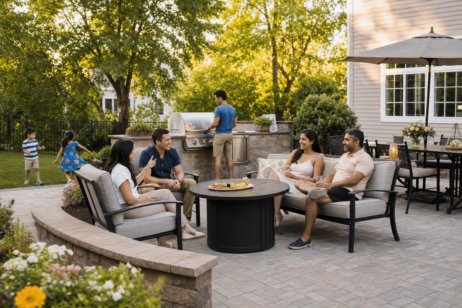 Northern Virginia family enjoying a new paver patio outdoor living space