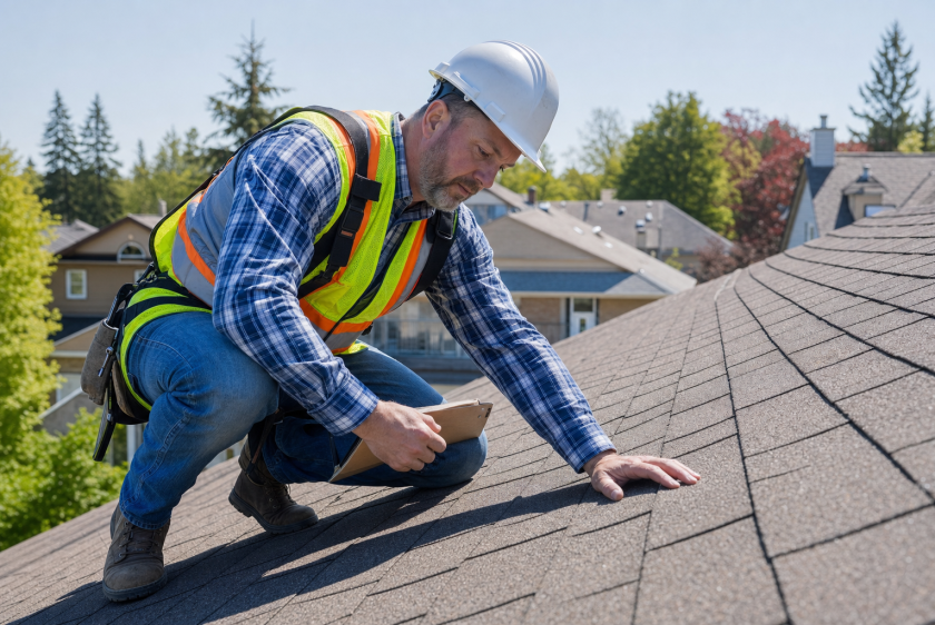 Roofer inspecting an asphalt shingle roof to recommend repair or replacement
