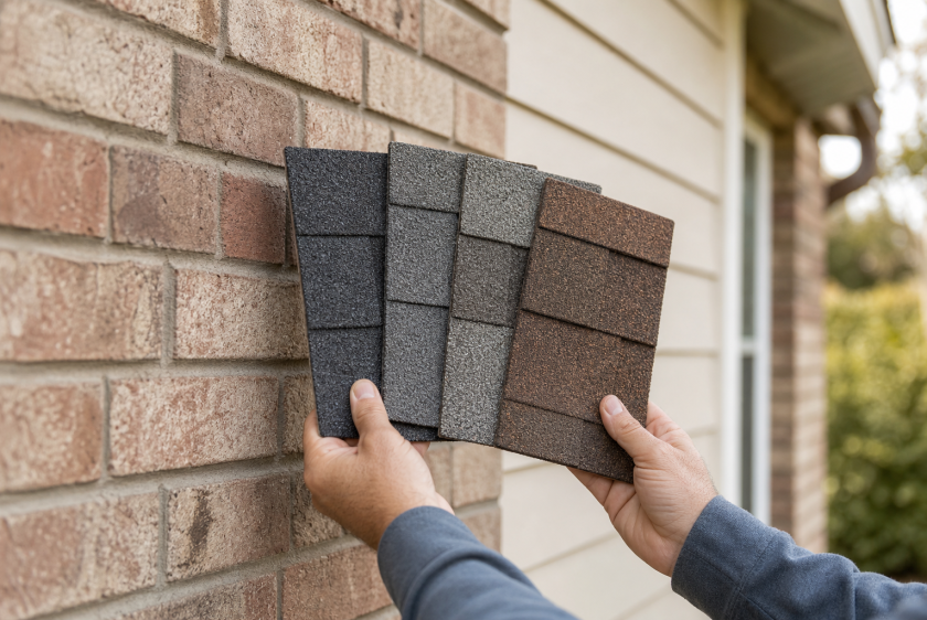 Comparing roof shingle color samples against a home's brick and siding
