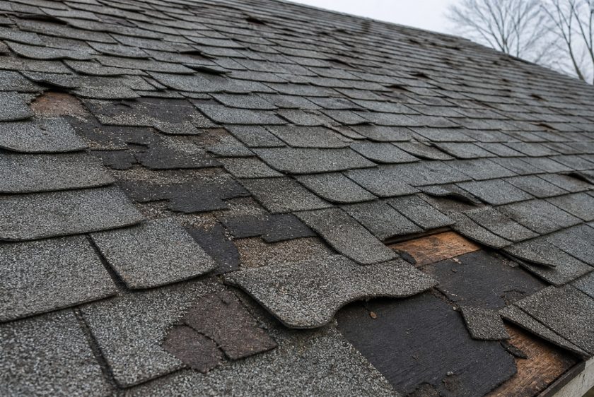Curling shingles and granule loss on an aging roof nearing the end of its lifespan