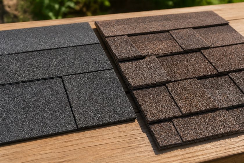 Architectural shingles next to 3-tab shingles, a key factor in how long a roof lasts