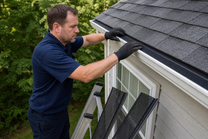 Installer fitting micro-mesh gutter guards on a Northern Virginia home