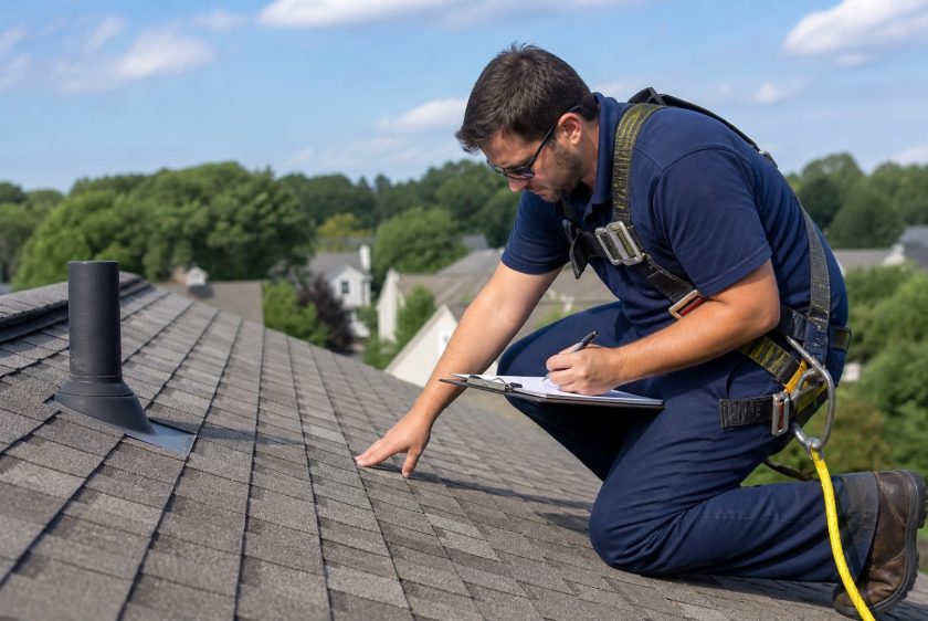 Roofing inspector assessing shingle condition to estimate how many years a roof has left