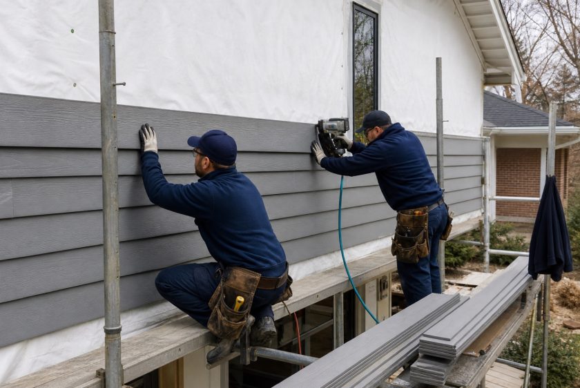 Siding crew installing fiber cement lap siding over house wrap on a Northern Virginia home