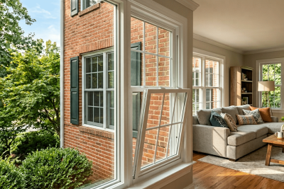 Energy-efficient double-hung replacement windows on a Northern Virginia brick colonial home
