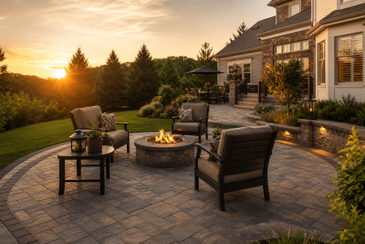 Finished paver patio in a Northern Virginia backyard at golden hour with fire pit - paver patio cost guide