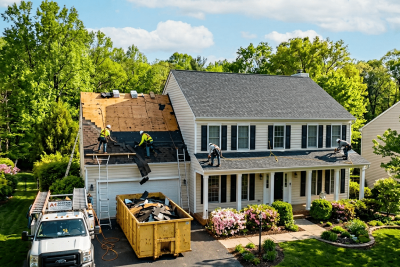 Roofing crew replacing shingles on a Northern Virginia colonial home in spring